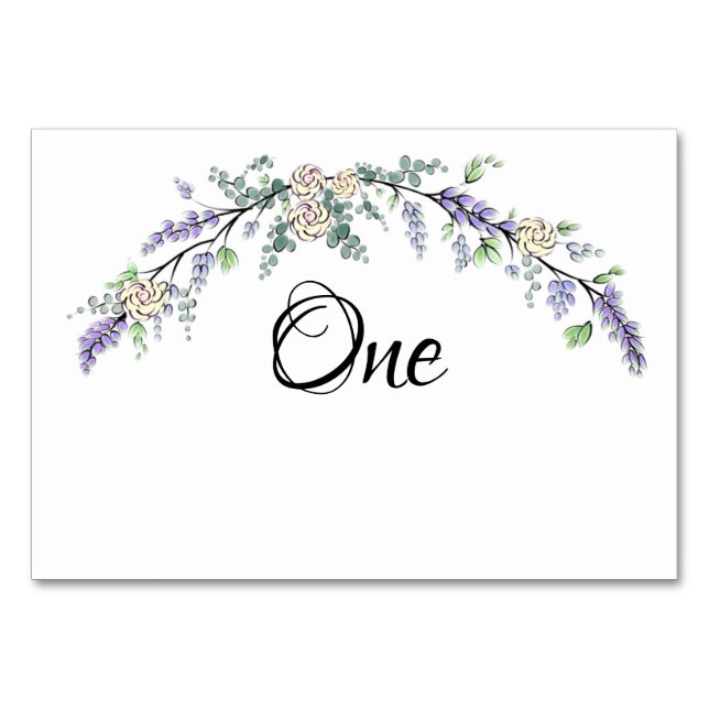 Lavendel Elfenbeinrose und Eukalyptus Tischnummer (Vorderseite)