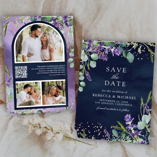 Lavendel-Eukalyptus-QR-Code-Foto Navy-Hochzeit Save The Date (Von Creator hochgeladen)