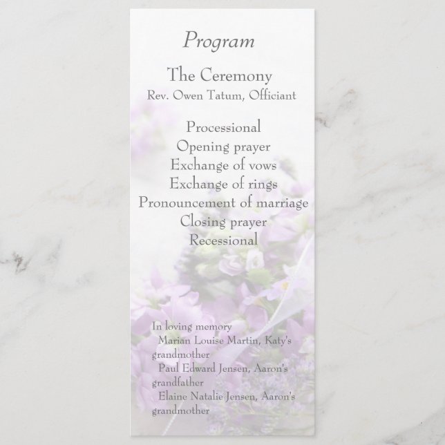 Lavendel-farbene Blumen verwelken Hochzeitsprogram Programm (Vorderseite)