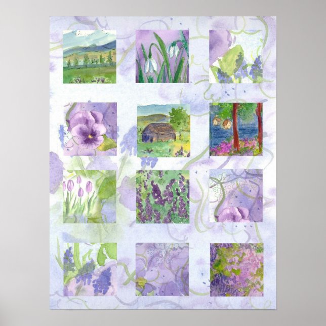 Lavendel Fields Wasserfarben Blume Collage Art Poster (Vorne)