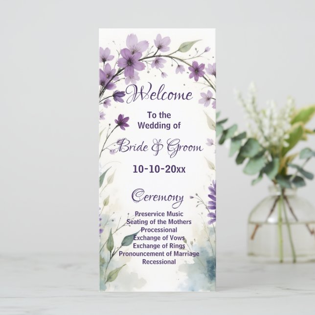 Lavendel Flieder Florale Hochzeit Programm (Stehend Vorderseite)