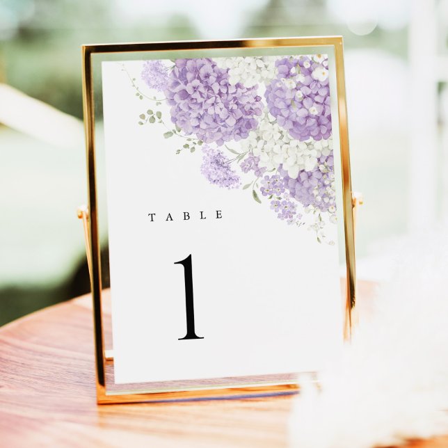 Lavendel Flieder Weiß Florale Hochzeitstischnummer (Lavender lilac white floral hydrangea wedding table number sign, elegant watercolor table decor)