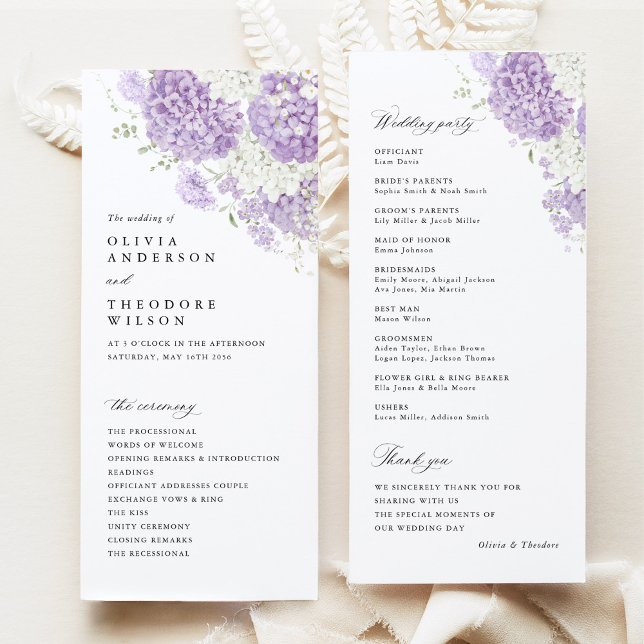 Lavendel Flieder Weiß Florale Hochzeitszeremonie Programm (Lavender lilac hydrangea wedding program card, white floral ceremony program and wedding party card)