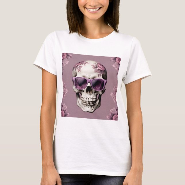 Lavendel Floral 3D Toter Schädel mit Sonnenbrille T-Shirt (Vorderseite)