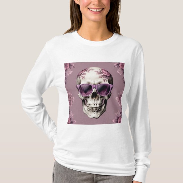 Lavendel Floral 3D Toter Schädel mit Sonnenbrille T-Shirt (Vorderseite)