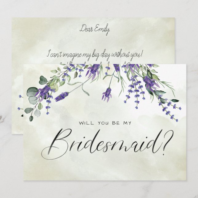 Lavendel Floral Aquarellschrift Bridesmaid Einladung (Vorne/Hinten)