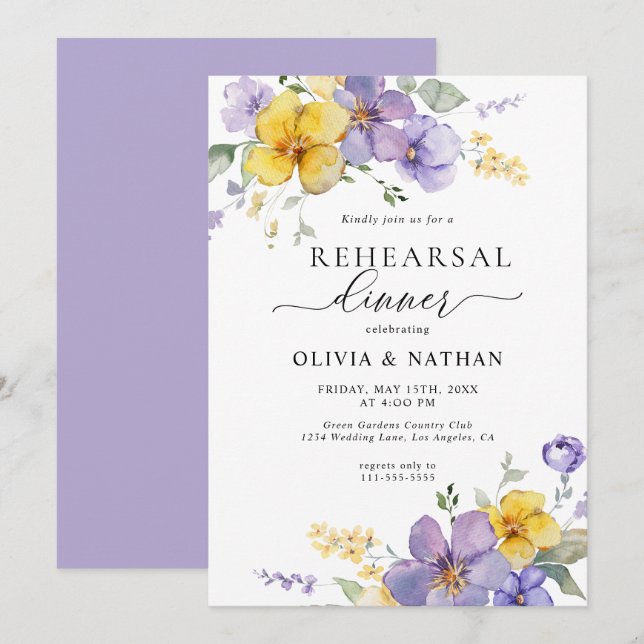 Lavendel Floral Gold Gelber Boho Probe Abendessen Einladung (Vorne/Hinten)