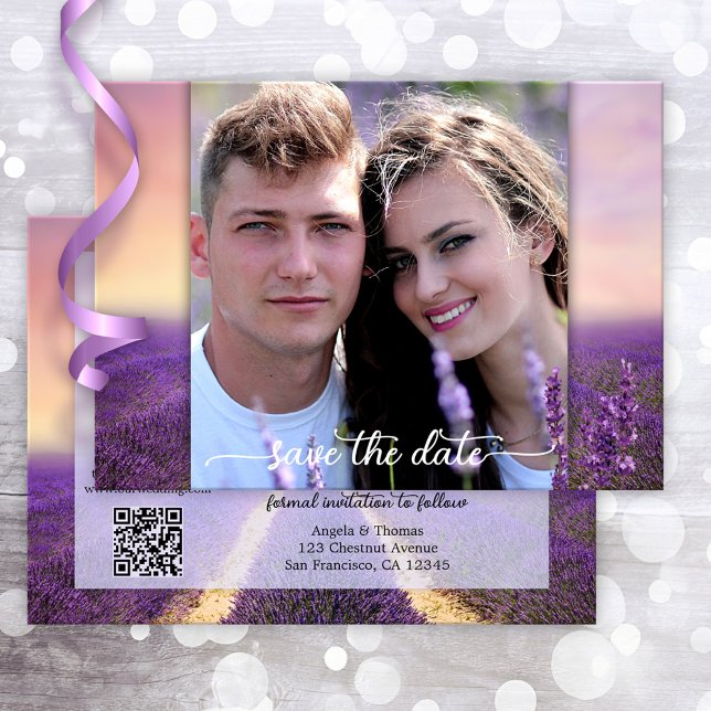 Lavendel Foto QR Code Save the Date Karte (Save the Date card featuring your own custom photo on a lavender flower field design)