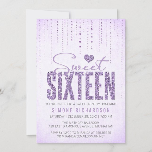 Lavendel Glitzer Look Sweet 16 (sechzehn) Party Einladung (Vorderseite)