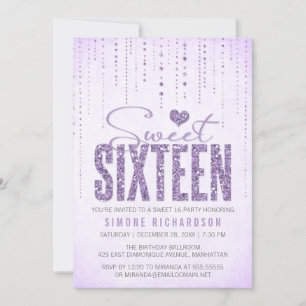 Lavendel Glitzer Look Sweet 16 (sechzehn) Party Einladung