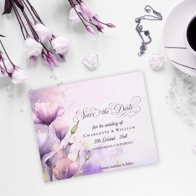 Lavendel-Gold-Blumenhochzeit - Rettet das Datum (Lavender Gold Floral Wedding Save the Date)