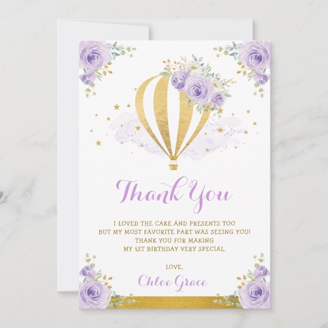 Lavendel-Goldmit blumenheißluft-Ballon-Geburtstag Dankeskarte (Vorderseite)