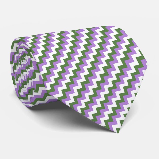Lavendel, Grün und Weiß Zickzack Zigzag Krawatte (Gerollt)