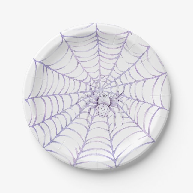 Lavendel-Halloween-Spinne im Netz Pappteller (Vorderseite)