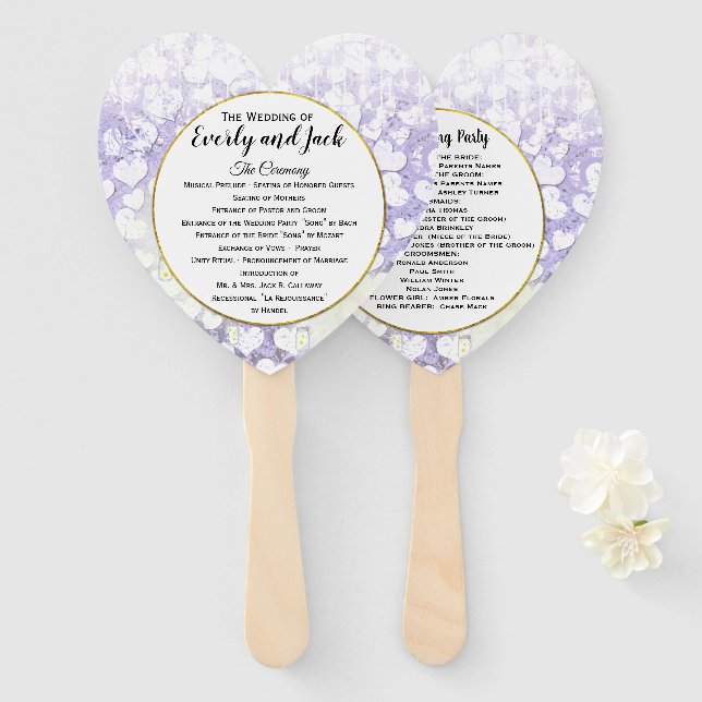 Lavendel-Herz-Blatt-Baum-Hochzeitsprogramm Fächer (Vorne und Hinten)
