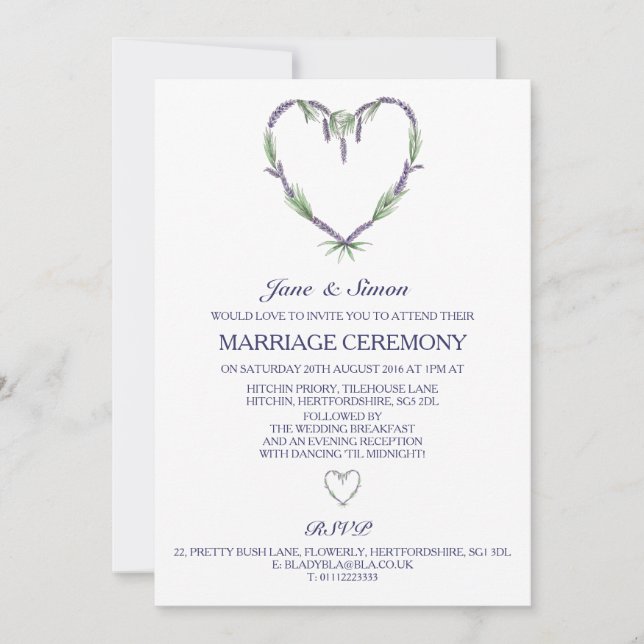 Lavendel-Herz-Hochzeits-Einladung Einladung (Vorderseite)