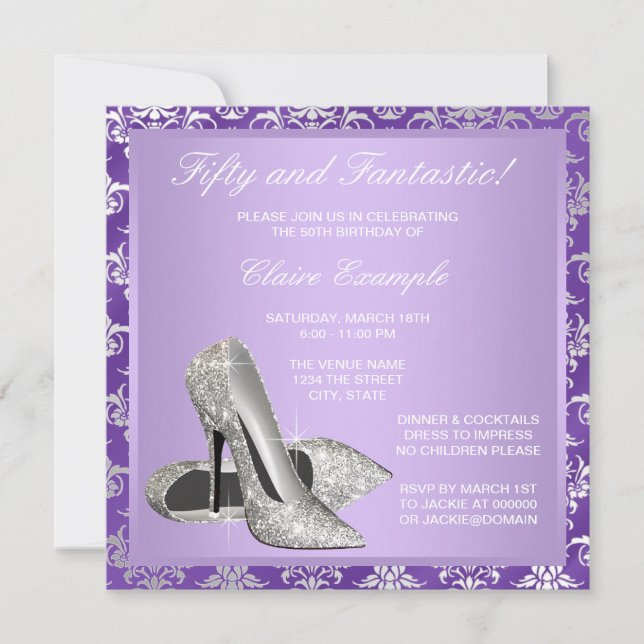 Lavendel High Heels Frauen 50. Geburtstag Einladung (Vorderseite)