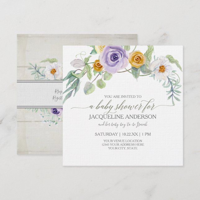 Lavendel in Amber Rose Floral Wood Baby Shower Gir Einladung (Vorne/Hinten)