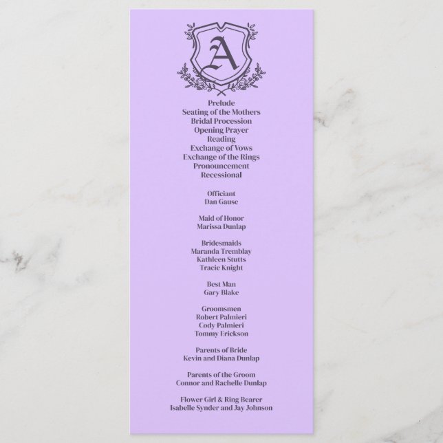 Lavendel-Leaf- und Floral-Monogramm-Hochzeit Programm (Vorderseite)