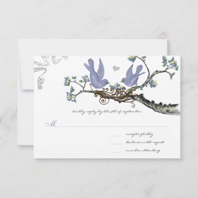 Lavendel & Lemon Gelbe Vintage Vögel Hochzeit RSVP Karte (Vorderseite)
