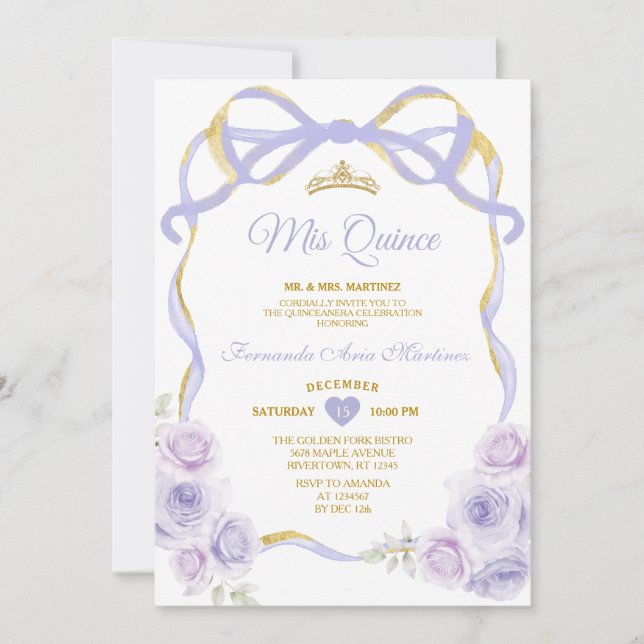 Lavendel Lila Blumen Bow Ribbon Gold Mis Quince Einladung (Vorderseite)