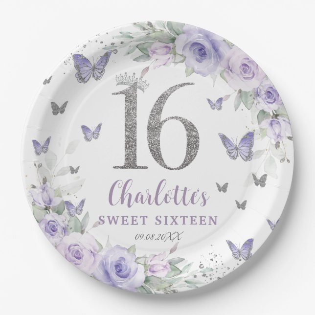 Lavendel Lila Blumenschmetterlinge süß 16 Pappteller (Vorderseite)