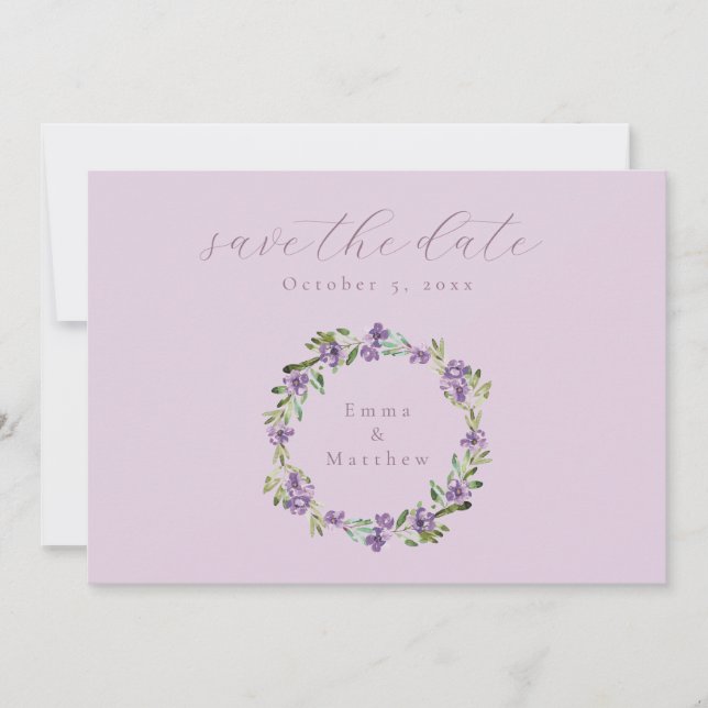 Lavendel Lila botanischer Kranz QR Save The Date (Vorderseite)
