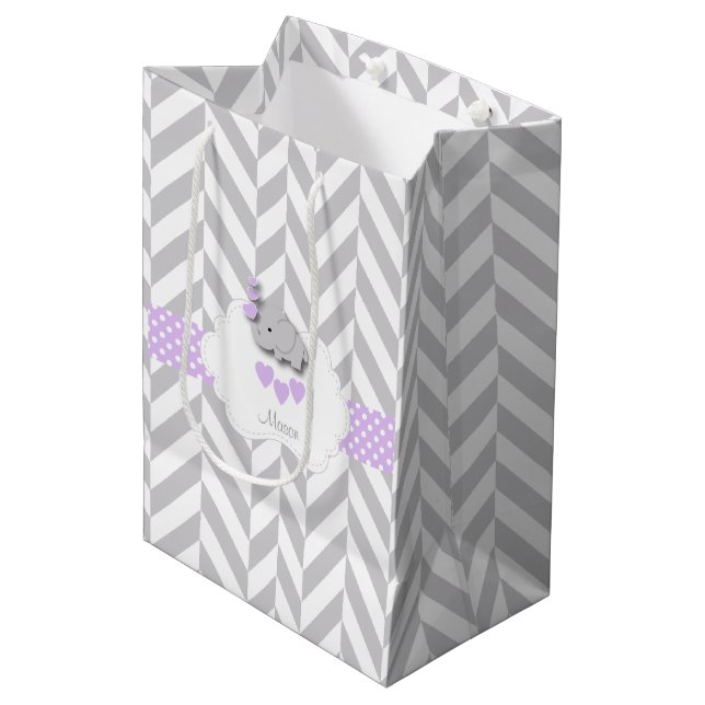 Lavendel Lila Elefantendesign - Babydusche Mittlere Geschenktüte (Vorderseite Schrägansicht)