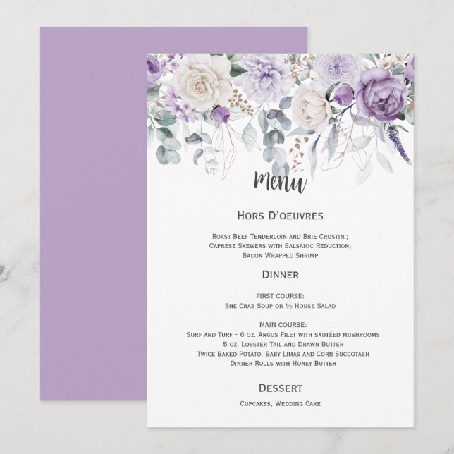 Lavendel, Lila, Elfenbein, Green Wedding Menu Einladung (Vorne/Hinten)