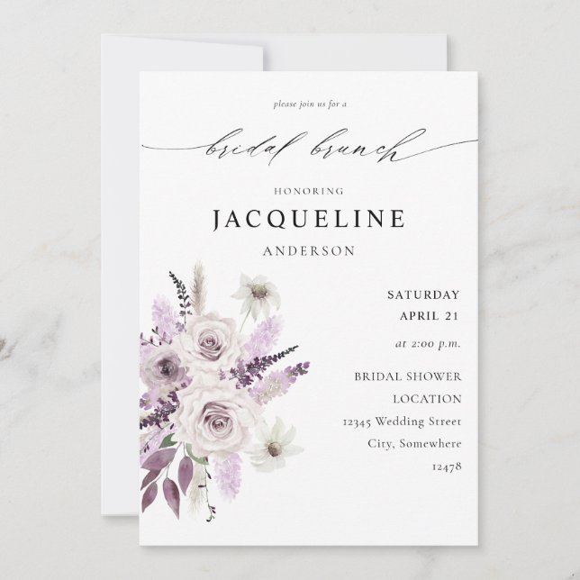 Lavendel Lila Floral Bridal Brunch Einladung (Vorderseite)