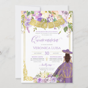 Lavendel Lila Floral & Gold Charro Quinceanera Einladung