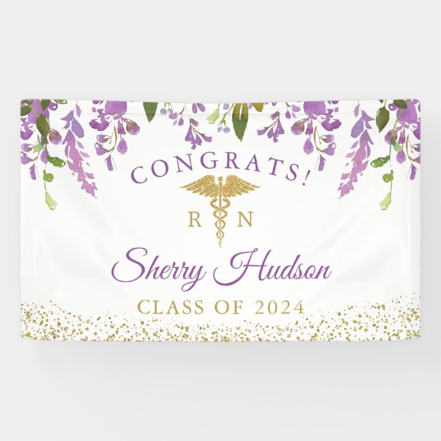 Lavendel Lila Floral Gold RN Abschluss Pflege Banner (Horizontal)