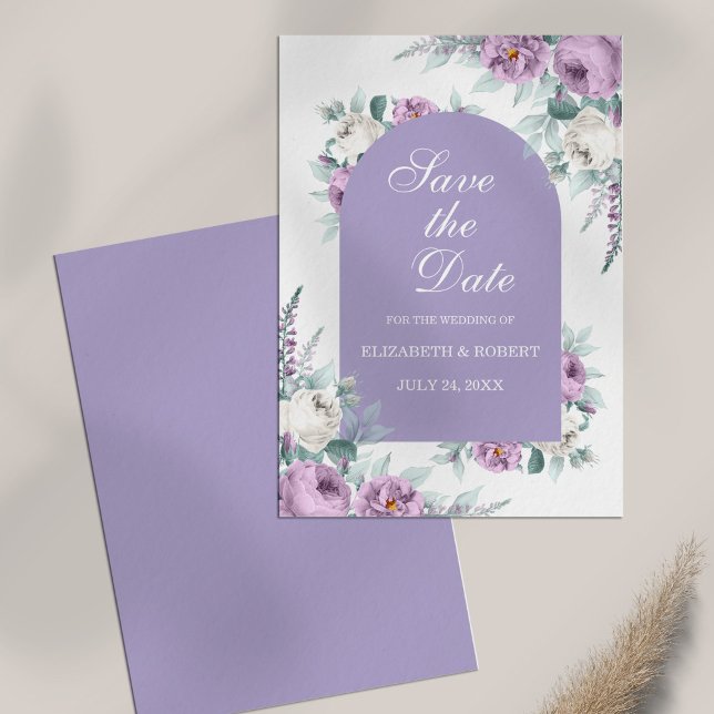 Lavendel Lila florale Save the Date Karte (Lavender Purple Floral Save The Date Card on white table)