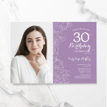 Lavendel Lila florales Foto 30. Geburtstag Einladung<br><div class="desc">Blumenlavender lila 30. Geburtstagsfeier Party Einladung mit Ihrem Foto auf der Kartenvorderseite. Elegantes modernes Design mit botanischen Kontur Zeichnungen Akzente und Typografie Drehbuch Schriftart. Einfache,  trendige Einladungskarte für eine stilvolle Damenfeier. Kann für jedes Alter angepasst werden. Gedruckte Zazzle Einladungen oder Sofortdownload digitalen druckbaren Vorlage.</div>