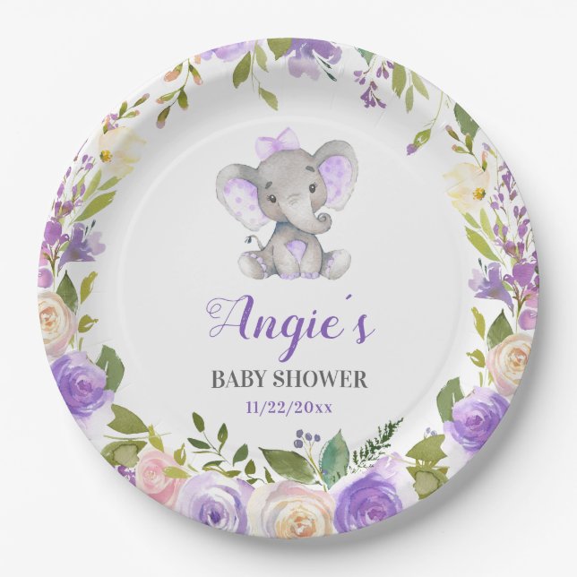 Lavendel Lila Girl Elephant Babydusche Pappteller (Vorderseite)