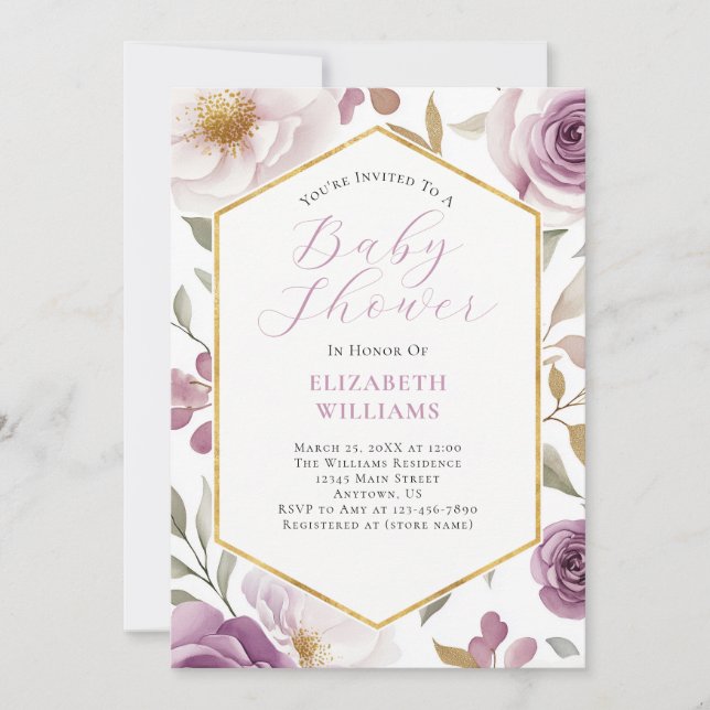 Lavendel Lila Gold Rose Peonies Baby Dusche Einladung (Vorderseite)