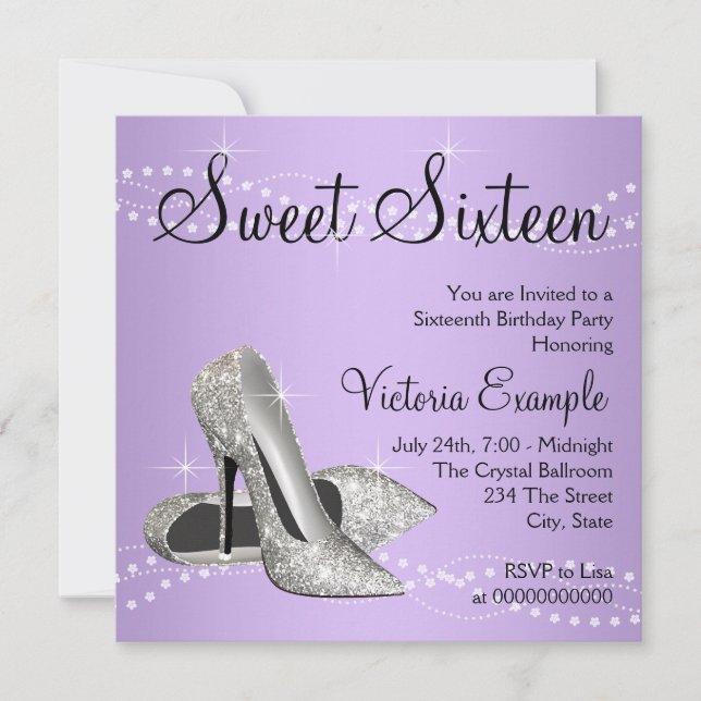 Lavendel Lila High Heels Sweet 16 Party Einladung (Vorderseite)