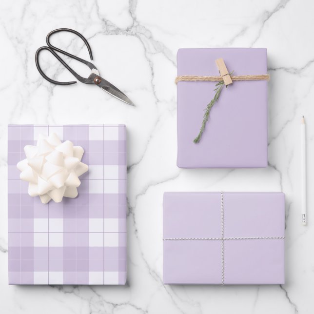 Lavendel Lila Kariertes Muster und Matching Solids Geschenkpapier Set (Vorderseite)