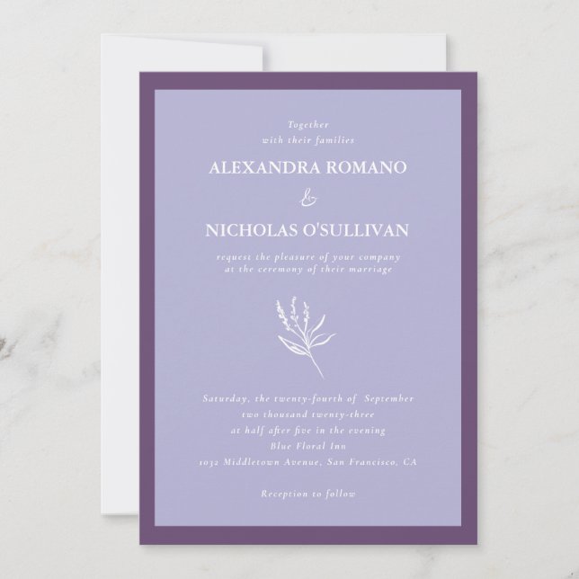 Lavendel Lila Minimalistische Blumenhochzeit Einladung (Vorderseite)