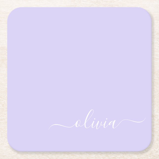Lavendel Lila Modern Script Girly Monogram Name Rechteckiger Pappuntersetzer (Vorderseite)