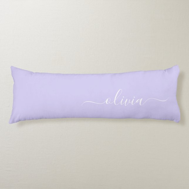 Lavendel Lila Modern Script Girly Monogram Name Seitenschläferkissen (Vorderseite)