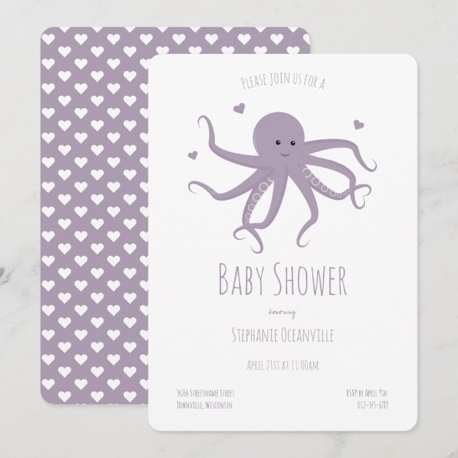 Lavendel Lila Octopus Hearts Cartoon Kinderdusche Einladung (Vorne/Hinten)