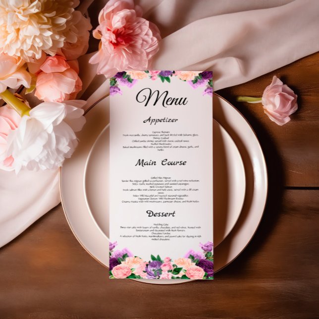 Lavendel Lila Peach Pink Floral Wedding Menu Menükarte (Von Creator hochgeladen)