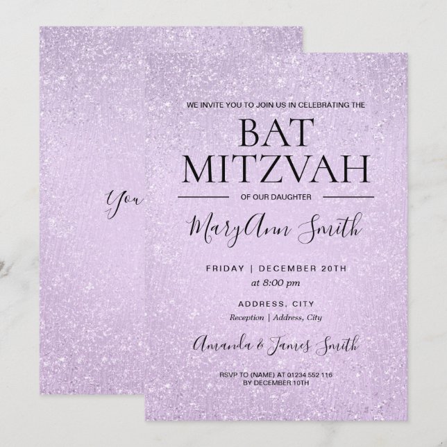 Lavendel-lila Schläger Mitzvah Einladung (Vorne/Hinten)