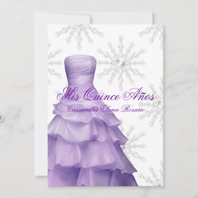 Lavendel Lila Schneeflocken Weiße Quinceanera Einladung (Vorderseite)