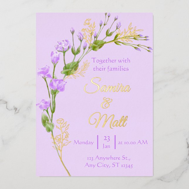 Lavendel Lila Silberfolie Floral Boho Wedding Fo Folieneinladung (Vorderseite)