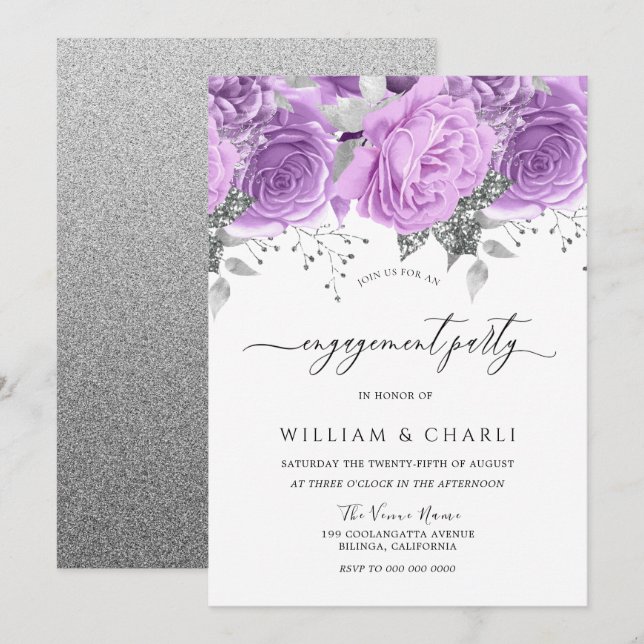 Lavendel Lila Silver Floral Engagement Party Einladung (Vorne/Hinten)