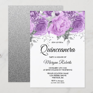 Lavendel Lila Silver Floral Sparkle Quinceanera Einladung