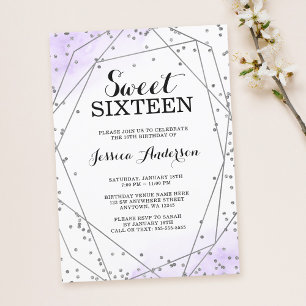 Lavendel Lila Silver Glitzer Geometric Sweet 16 Einladung