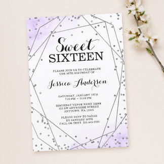Lavendel Lila Silver Glitzer Geometric Sweet 16 Einladung